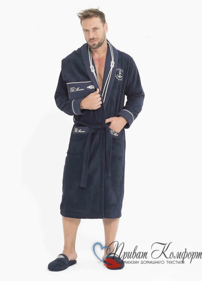 Подарочный набор мужской Marine темно-синий (халат + полотенца + тапочки),  Tivolyo Home