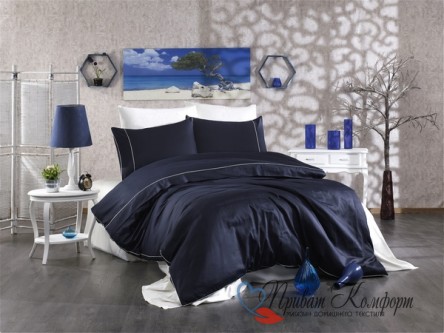 Комплект постельного белья евро, Alix тёмно-синий/кремовый